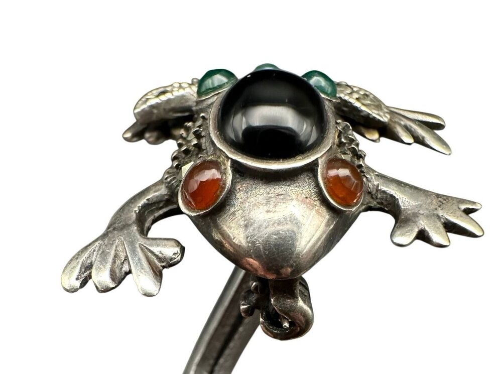 Vintage Sterling Silver 925 Marcasite Carnelian Onyx Frog Brooch Pin Signed CW